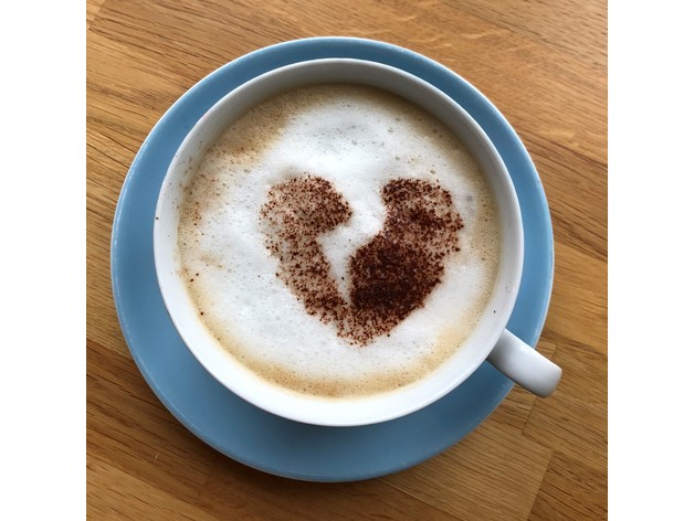 Coffee foam art made with a 3D printed broken heart stencil, image from Thingiverse