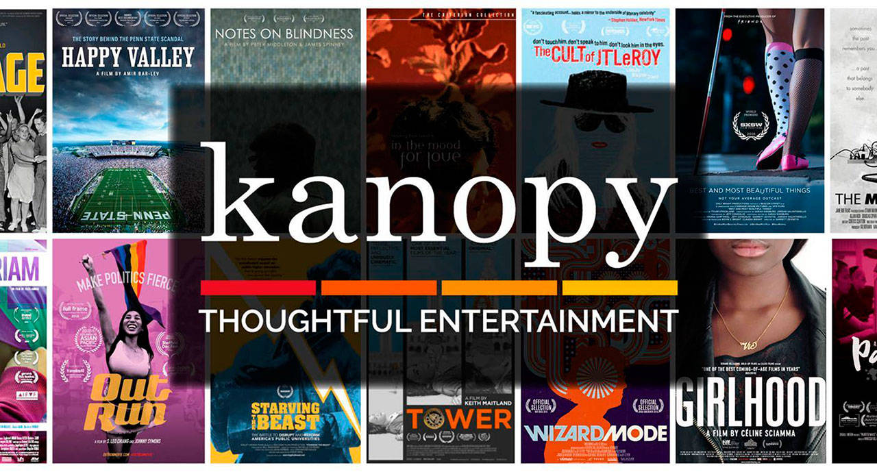 a collage of movie titles with Kanopy logo in the centre
