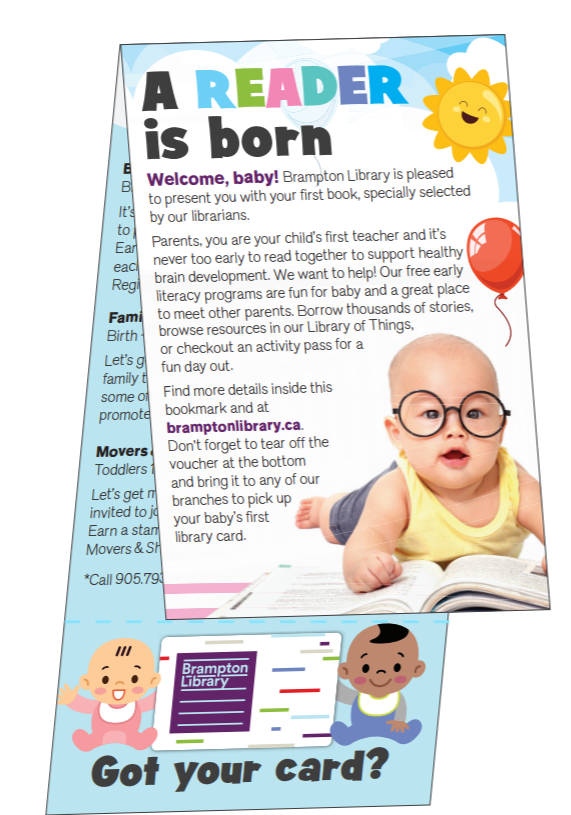 Bookmark with "A Reader is Born" text and image of baby reading.