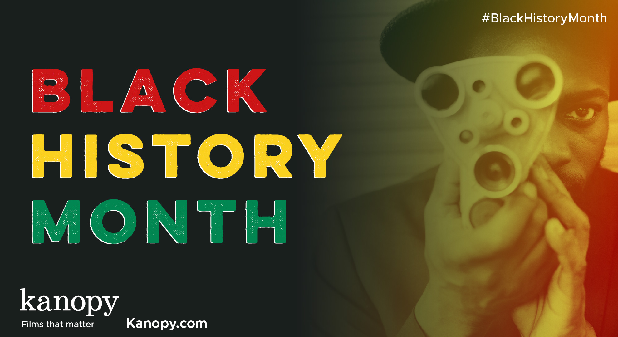 Banner image featuring a black man in a hat holding an old video camera. The words "Black History Month" and Kanopy and overlaid on the image.