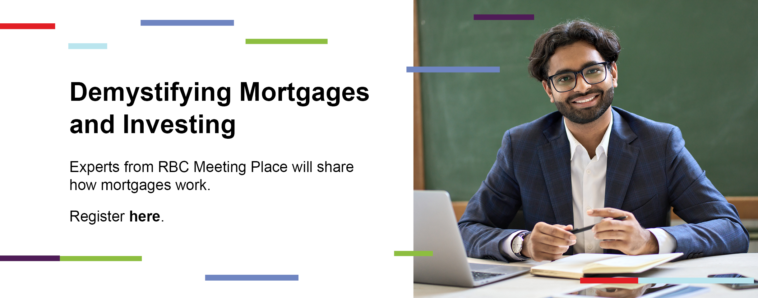 Demystifying mortgages and investing. Image of a young Indian man smiling behind a computer screen. 